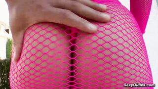 MILF Linda Murray in fishnet dress anal fucked by huge dick Nick Lang outdoors