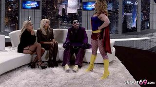 Reverse Group Sex at Joker Parody Porn with three Big Tits MILFs and one Guy